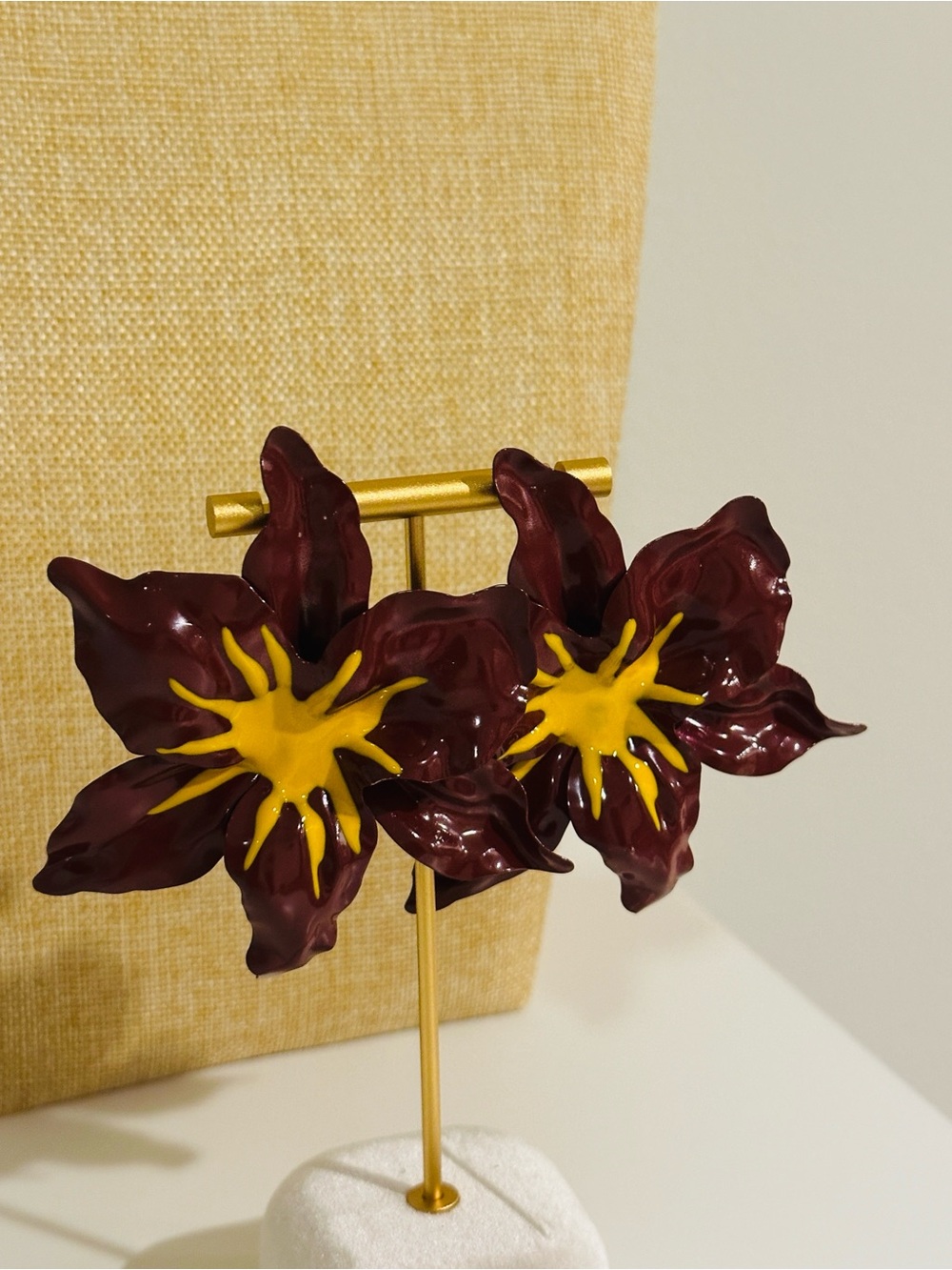 Fashion Jewelry Burgundy and Yellow Floral Statement Earrings